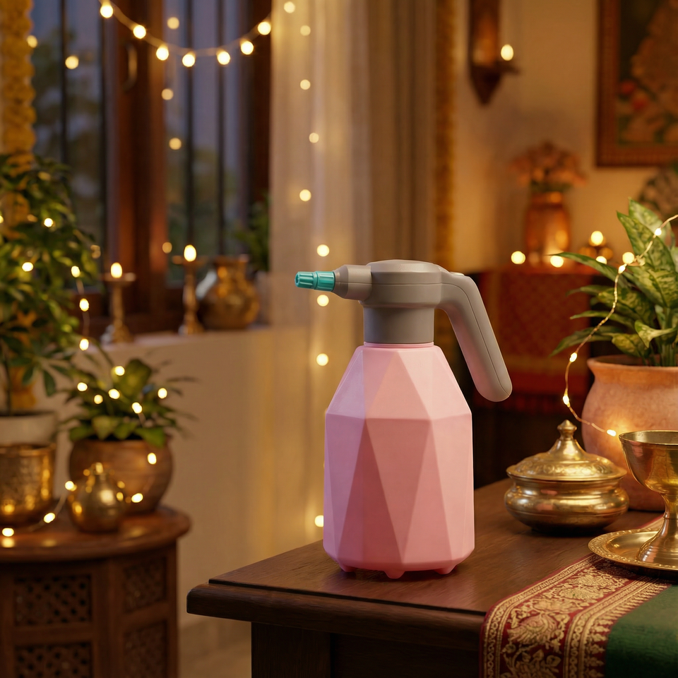 Pink geometric spray bottle on a table with decorative lights and plants in the background