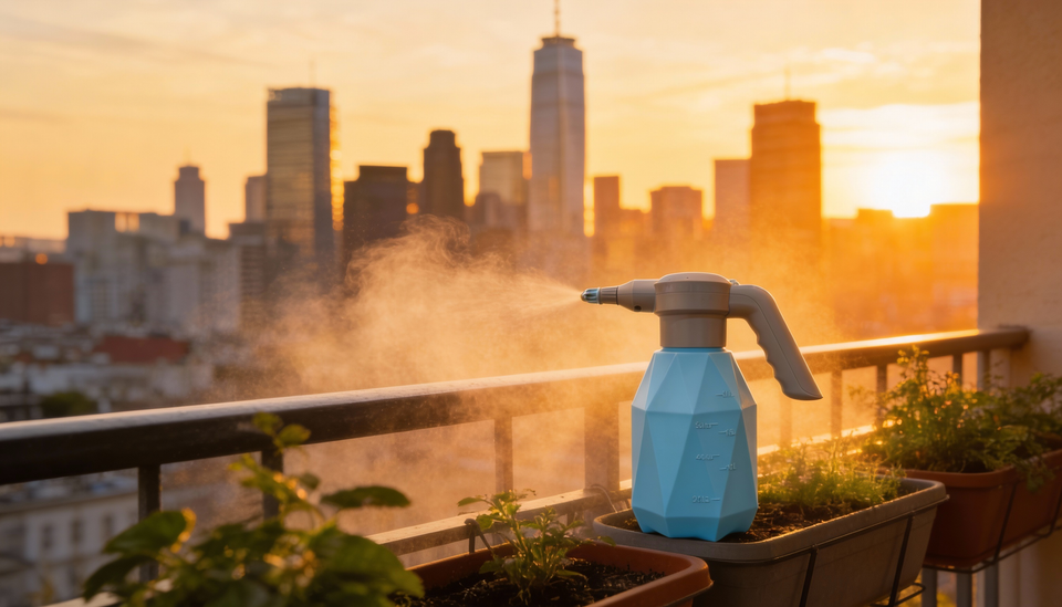 Prism Mist pink and blue geometric electric sprayers side view - modern home spray bottles